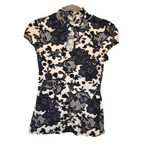 Express Neutral Floral Lace Look Mock Neck Keyhole Cap Sleeves Top Size XS